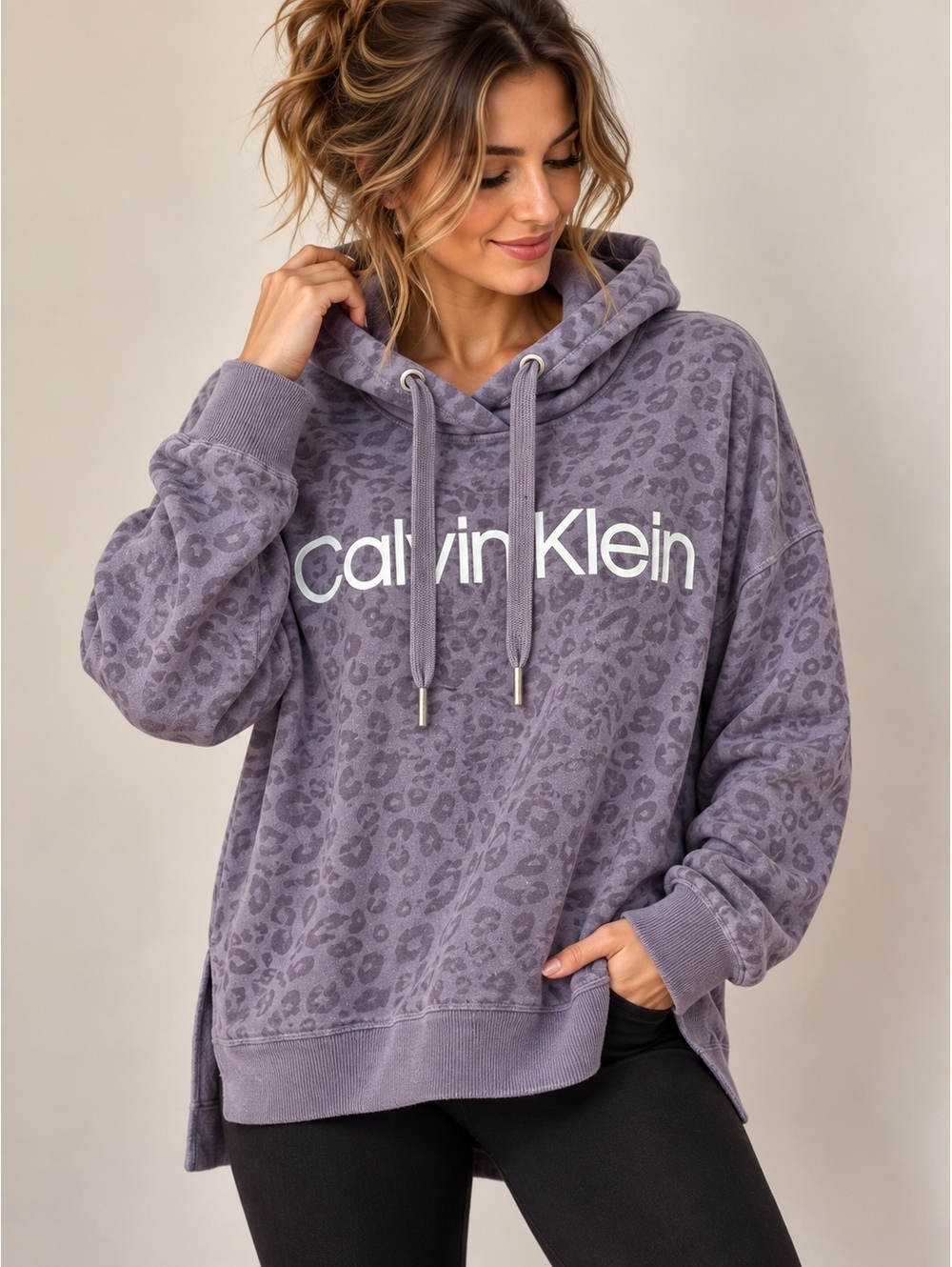 Calvin Klein Women’s M Purple Leopard Logo Cowl Neck High-Low Hoodie